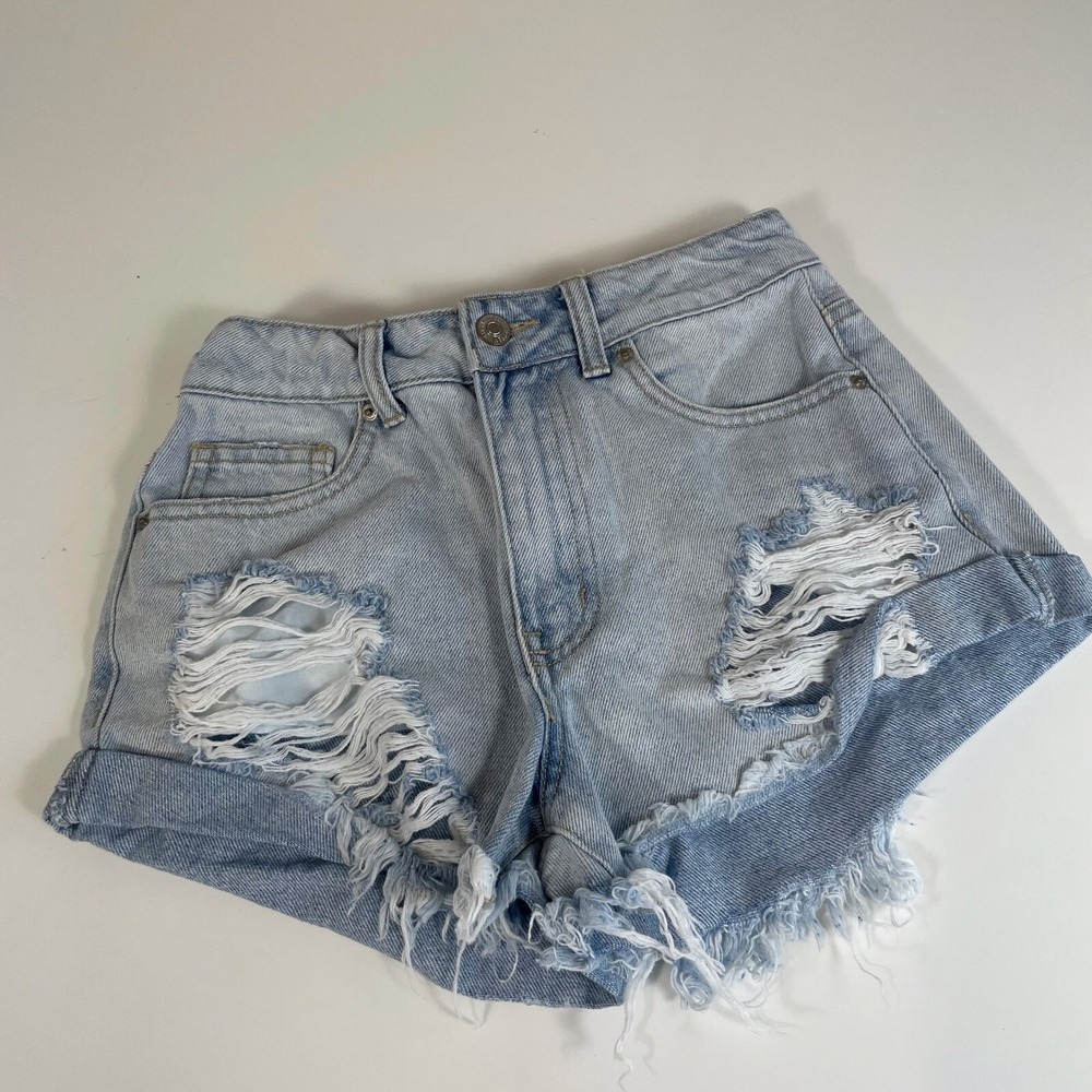 Forever 21 Cut-Off Denim Shorts Womens 25 Blue Mid Rise Distressed Frayed Cuffed